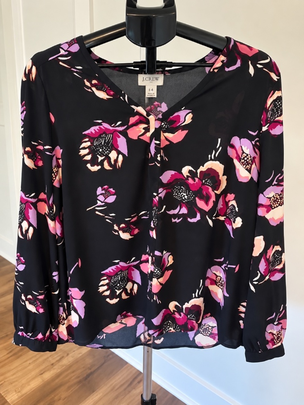 J.Crew Blue Floral V-Neck Long Sleeve Blouse Pink Purple Size 14